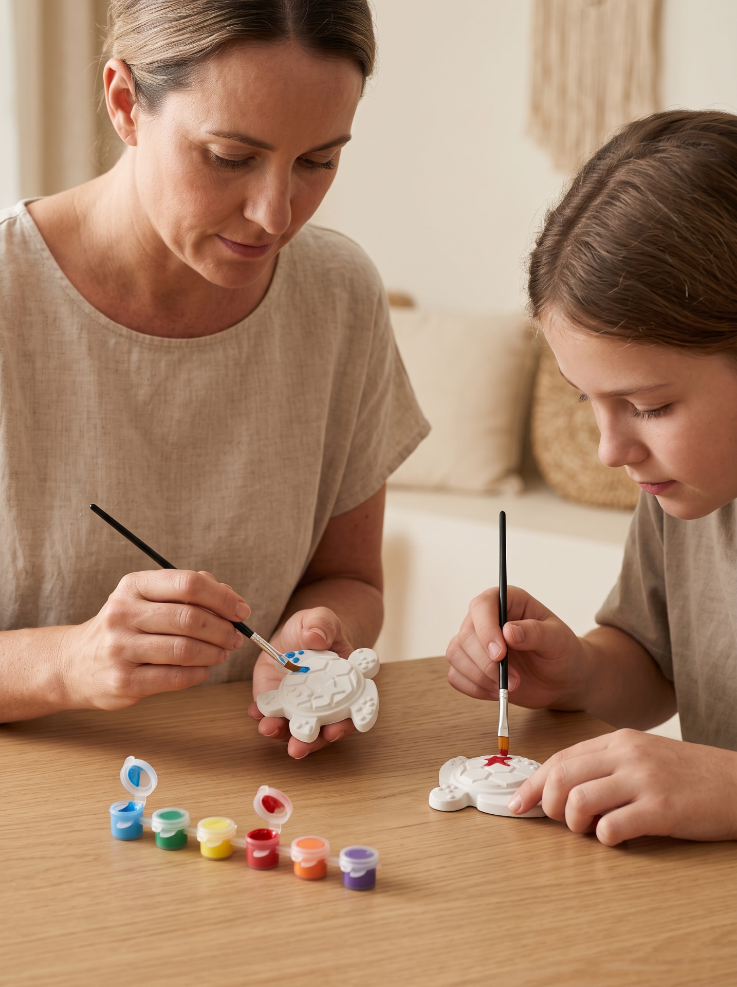 A woman and child painting plaster pieces together at a table